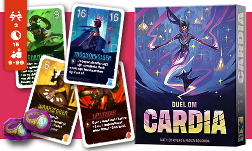 Speldoos van 'Duel om Cardia' met kleurrijke kaarten en fiches. Voorzien van een mystieke figuur en spelgegevens voor 2 spelers, vanaf 9 jaar tot 99 jaar.
