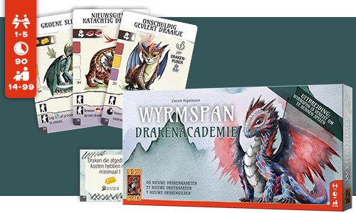 Doos en kaarten van het spel Wyrmspan Drakenacademie met geïllustreerde draken, inclusief spelersaantal, speelduur en leeftijdsaanbeveling.