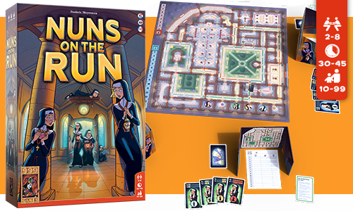 "Bordspel 'Nuns on the Run' met doos, speelbord, kaarten en speelfiguren. Geschikt voor 2-8 spelers, vanaf 10 jaar, speeltijd 30-45 minuten.