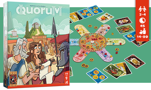 Board game "Quoroum" box with illustrated characters; game setup on a green table with cards, tokens, and a central board.