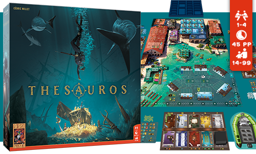 Bordspel Thesauros met een doos waarop een duiker omringd wordt door haaien, samen met spelonderdelen zoals een gedetailleerde kaart en diverse kaarten.