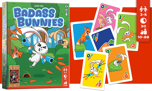 Doos van het spel Badass Bunnies met kleurrijke kaarten met konijnen, vossen en wortels. Speelduur: 30 minuten; Aantal spelers: 3-5; Leeftijd: 10-99 jaar.