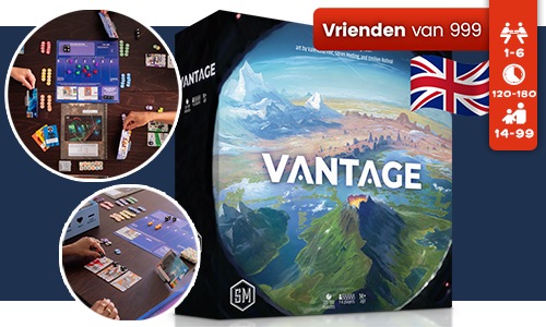 Doos van het bordspel Vantage met een schilderachtig berglandschap, voorzien van ronde inzetjes die spelscènes tonen en iconen die spelersdetails aangeven.