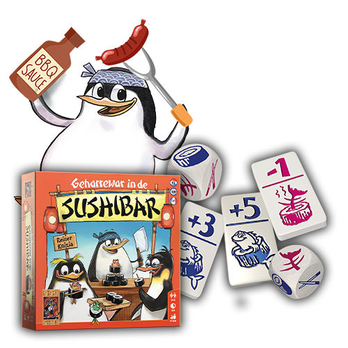Speldoos van het bordspel Geharrewar in de Sushibar met een illustratie van een pinguïnkok, dobbelstenen met cijfers en sushi-afbeeldingen, en een humoristische voorstelling van barbecuesaus.