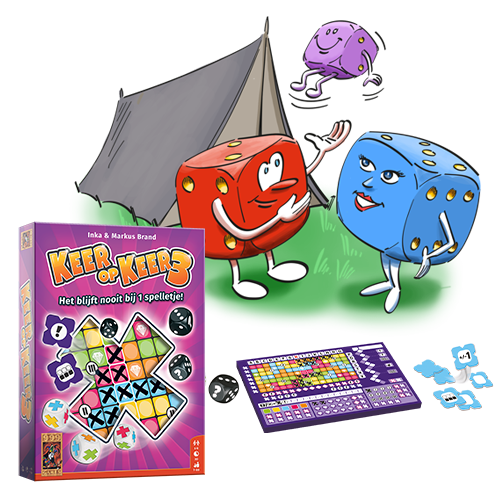 Kleurrijk bordspel Keer op Keer 3 met cartoonachtige dobbelsteenfiguren bij een tent, inclusief spelonderdelen zoals kaarten, scoreblokken en dobbelstenen.