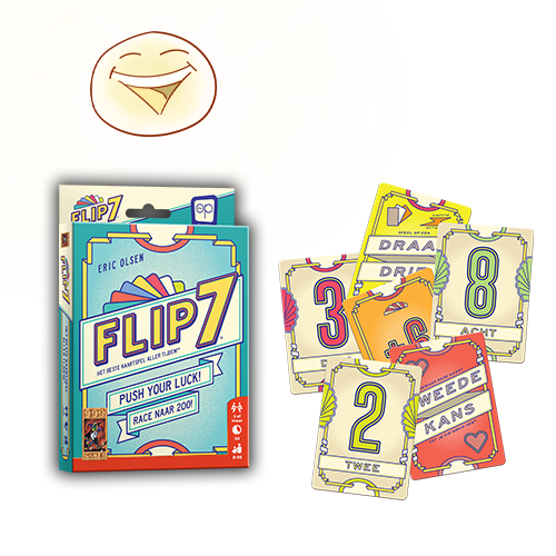Verpakking van het kaartspel Flip 7, naast verschillende kleurrijke kaarten met cijfers en thema-afbeeldingen. Boven de verpakking staat een glimlachend gezichtspictogram.