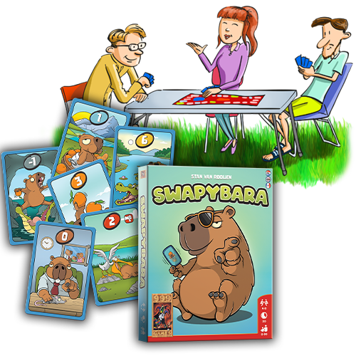 Illustratie van drie mensen die een bordspel spelen aan een tafel, met kaarten en een speldoos van Swapybara waarop een cartooncapibara staat afgebeeld.