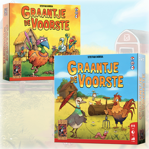 Twee kleurrijke bordspeldozen met cartoonachtige boerderijdieren en de titel "Graantje de Voorste" van Stefan Dorra, afgebeeld tegen een boerderijachtergrond.