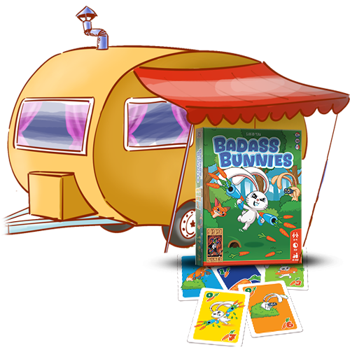 Geïllustreerde speldoos van Badass Bunnies naast een gele caravan met een oranje luifel, met daaronder kleurrijke kaarten uitgestald.