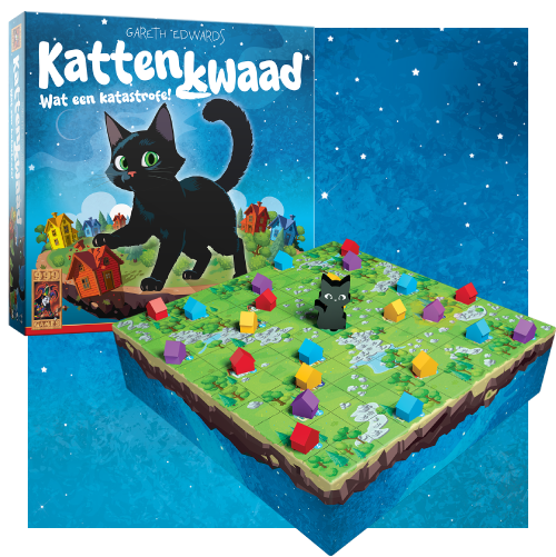 Het bordspel "Kattenkwaad" toont een speelse zwarte kat en kleurrijke speelstukken op een speelbord met een sterrenhemel op de achtergrond.