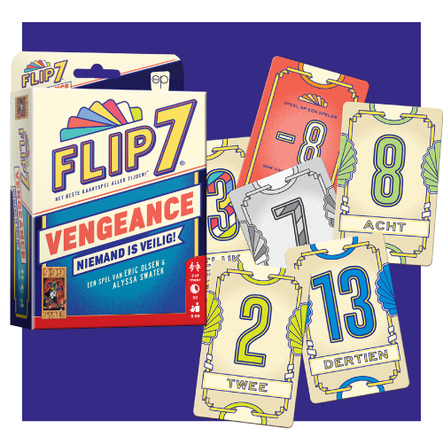 Doos met het spel "Flip7 Vengeance" en daarin verspreide genummerde kaarten in verschillende kleuren.