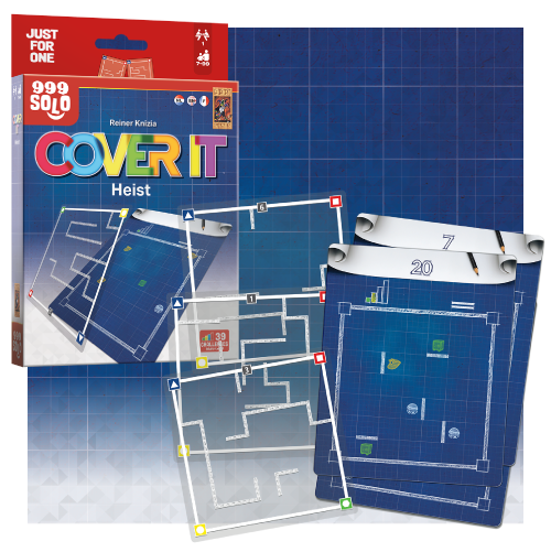 Omslagillustratie van het bordspel “Cover It: Heist” met spelcomponenten en een strategisch blauwdrukthema.