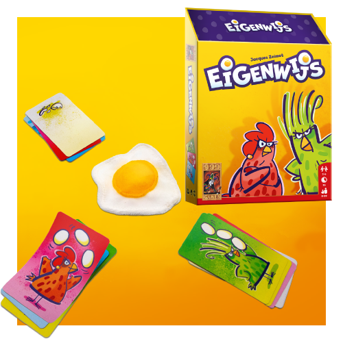 Doos van het kaartspel "Eigenwijs" met kleurrijke kaarten en een gebakken ei speeltje op een gele achtergrond.
