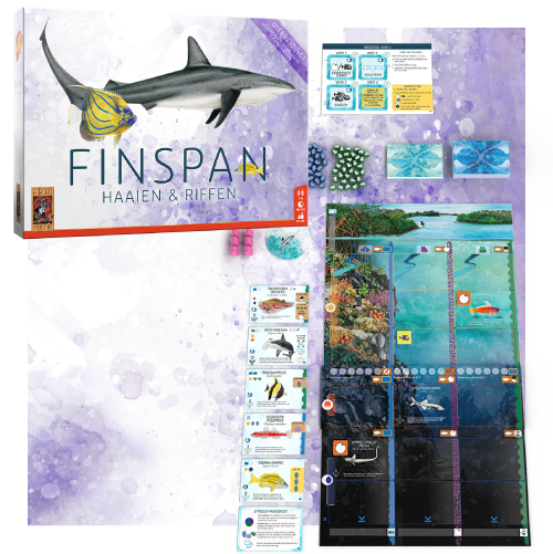 Bordspel “Finspan - Haaien & Riffen” met kaarten, fiches en een kleurrijk speelbord met een maritiem thema.