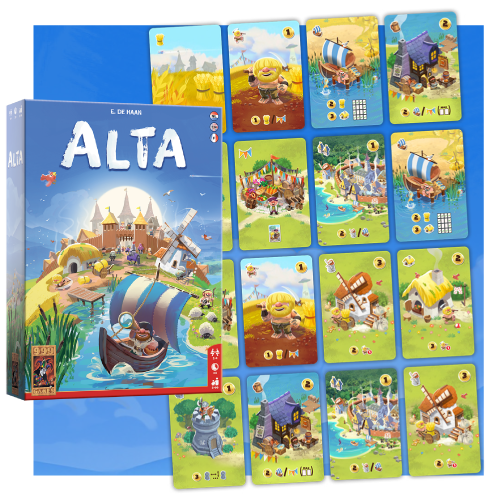 De doos en onderdelen van het bordspel "Alta", met geïllustreerde kaarten waarop zeilboten, dorpjes en fantasievolle personages in kleurrijke landschappen te zien zijn.