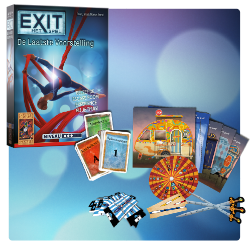 Boxcover van "EXIT Het Spel: De Laatste Voorstelling" met diverse spelonderdelen zoals kaarten, een spinner en puzzels op een blauwe achtergrond.