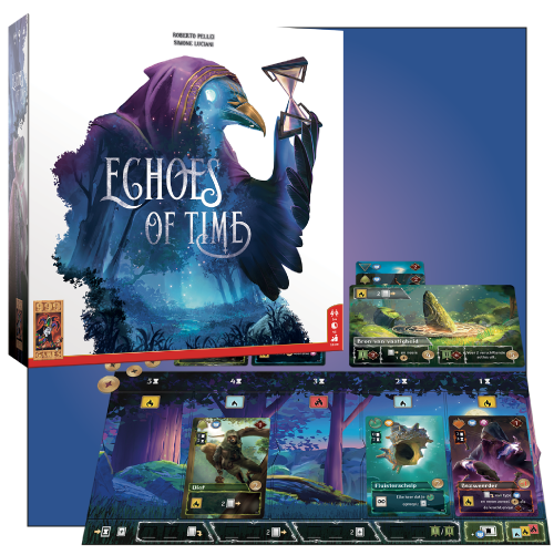 Doos van het bordspel “Echoes of Time” met op de voorkant een vogel die een zandloper vasthoudt, naast verschillende spelkaarten met bosscènes.