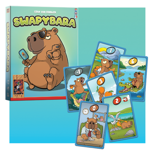 Doosillustratie van het spel “Swapybara” met een cartooncapibara en vijf geïllustreerde spelkaarten met verschillende speelse scènes.