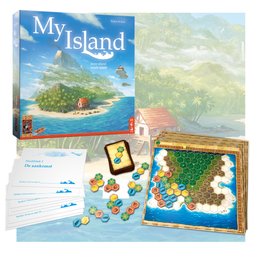 Het bordspel “My Island” met doos, tegels, kaarten en een zeshoekige rasterkaart, tegen een tropische eilandachtergrond.