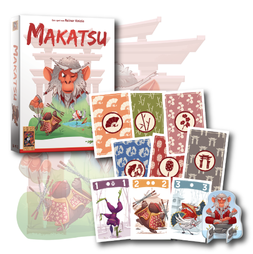 Doos en spelcomponenten van het spel “Makatsu”, met geïllustreerde kaarten en een miniatuurfiguur in een fantasiethema.