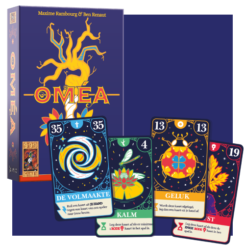 Doos en vier levendig geïllustreerde kaarten van het spel “OMEA”, met op elke kaart verschillende kleurrijke symbolen en cijfers.