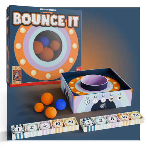 Doos en spelcomponenten van het bordspel “Bounce It”, met kleurrijke ballen, een scorebord en puntenfiches, tegen een blauwe achtergrond.