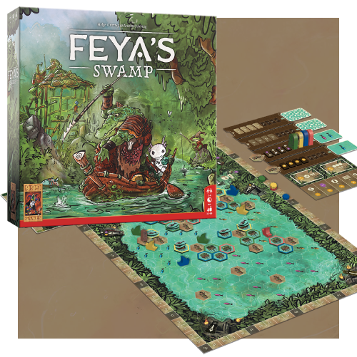 Doos en onderdelen van het bordspel ‘Feya’s Swamp’, met een kleurrijk moeras-thema en verschillende spelstukken.