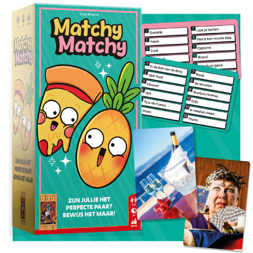 Doos van het spel "Matchy Matchy" met speelse illustraties en twee fotokaarten: één met drankjes in een ijsemmer en één met een persoon die een grappig gezicht trekt.