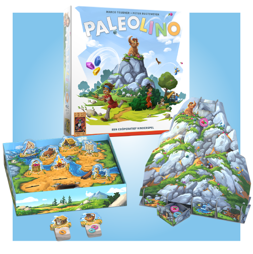 Doos en spelcomponenten van het bordspel “Paleolino”, met kleurrijke prehistorische illustraties en coöperatieve spelelementen.