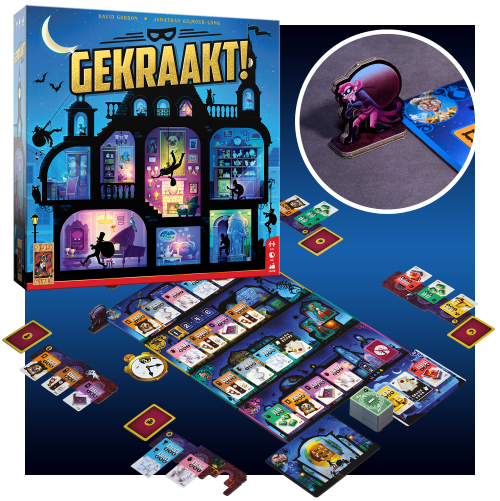 De doos van het bordspel "Gekraakt!", de spelopstelling met kleurrijke kaarten en een schurkfiguurtje op een blauwe achtergrond.
