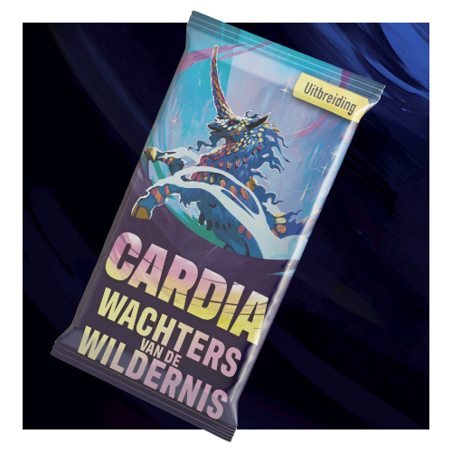 Uitbreidingspakket van het kaartspel “Cardia: Wachters van de Wildernis”, met een kleurrijk mythisch wezen op de verpakking.
