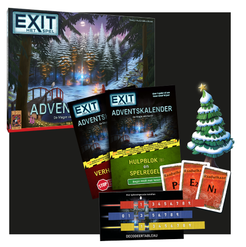 EXIT-spelset met een adventskalenderdoos, boekjes, kaarten en een versierde kerstboomfiguur tegen een winterbosachtergrond.