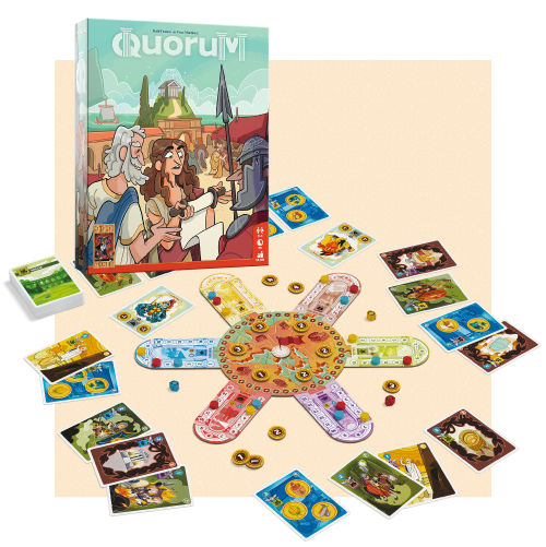 Bordspel "Quorum" met kleurrijke kaarten, fiches en een centraal rond speelbord, met illustraties in een oudheid-thema en een doos met soortgelijke artwork.