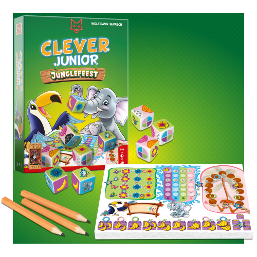 Doos van het bordspel "Clever Junior Junglefest" met geïllustreerde dieren, dobbelstenen, kleurpotloden en een spelvel op een groene achtergrond.