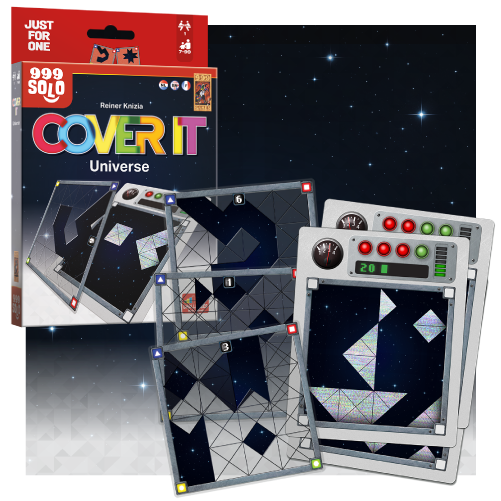 Doos en kaarten van het spel “Cover It: Universe”, met geometrische puzzelontwerpen en een sterrenachtergrond.