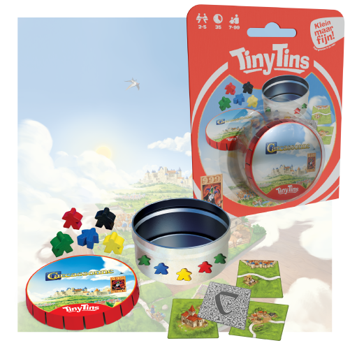 Een compact bordspel met de titel “Tiny Tins, Carcassonne”, met een blikverpakking, kleurrijke speelstukken en kaarten, met op de achtergrond illustraties van een schilderachtig dorp.