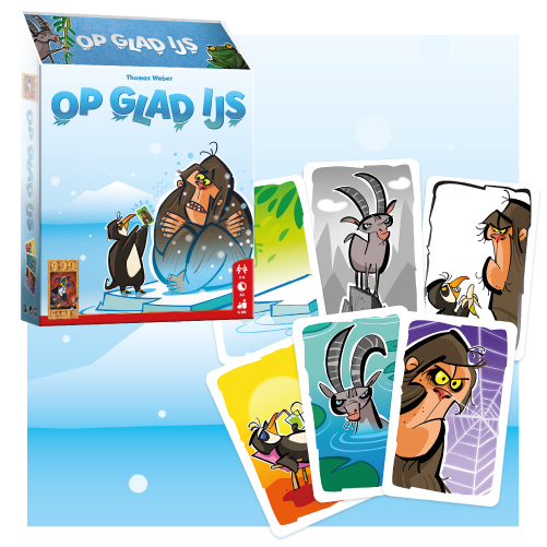 Doos van het spel "Op Glad Ijs" met cartoonachtige dieren op de voorkant. Vijf personagekaarten met afbeeldingen van verschillende dieren liggen ernaast.