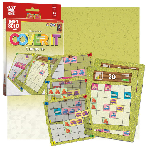 Bordspel “Cover It: Campsite” met puzzelkaarten met rasters, kleurrijke stukken en een scorekaart van 20 punten. De verpakking is op de achtergrond zichtbaar.