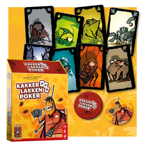 Een bordspeldoos met het opschrift "Kakker Lakken Poker" met geïllustreerde dierenkaarten, waaronder een kikker en een hagedis, en spelpionnen.