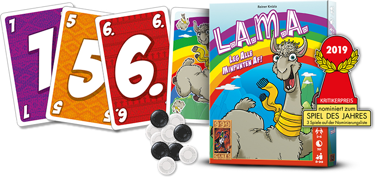 je ziet de box, de speelkaarten en de chips van het spel lama