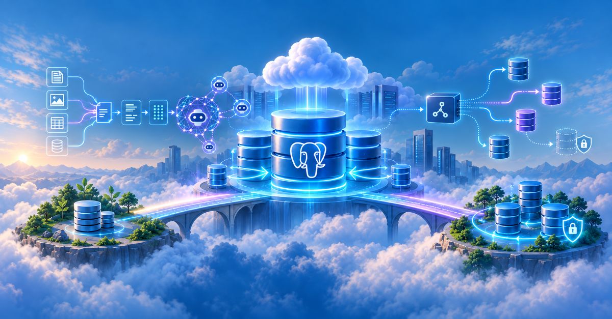 Cloud-based data network with servers, icons for data processing, exchanges between data centers, and a cityscape in the background.