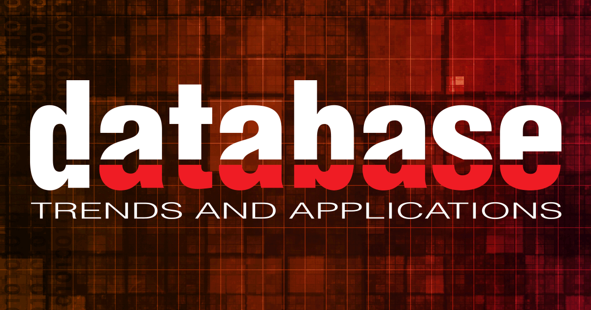 The image shows the words "database trends and applications" on a red and brown pixelated background.