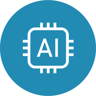 White microchip icon with AI letters centered on a teal-blue square background.