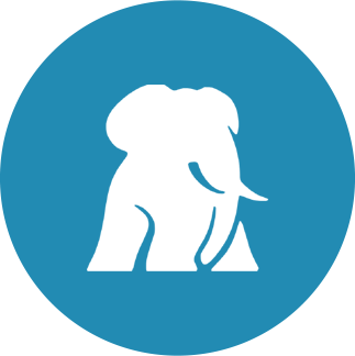 Silhouette of a large elephant and a smaller elephant walking together on a blue circular background.