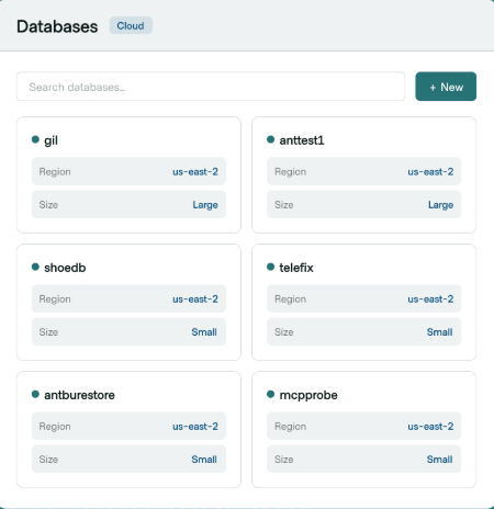 Database dashboard showing six entries with names, regions, and sizes, including options for creating a new database.