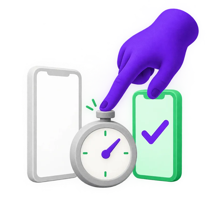 A violet hand presses a stopwatch beside a phone showing its first frame and another showing a usable screen.