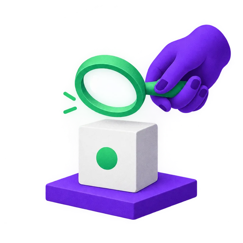 A floating violet hand holds a green magnifying glass over a white block resting on a violet platform, representing a permission check before an agent acts.
