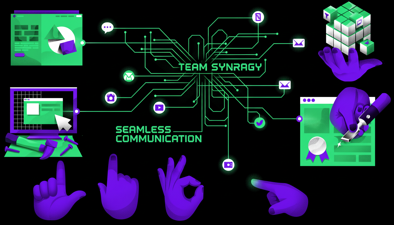 A visual representation of communication during a project. Shows diverse team members connected by lines representing cl