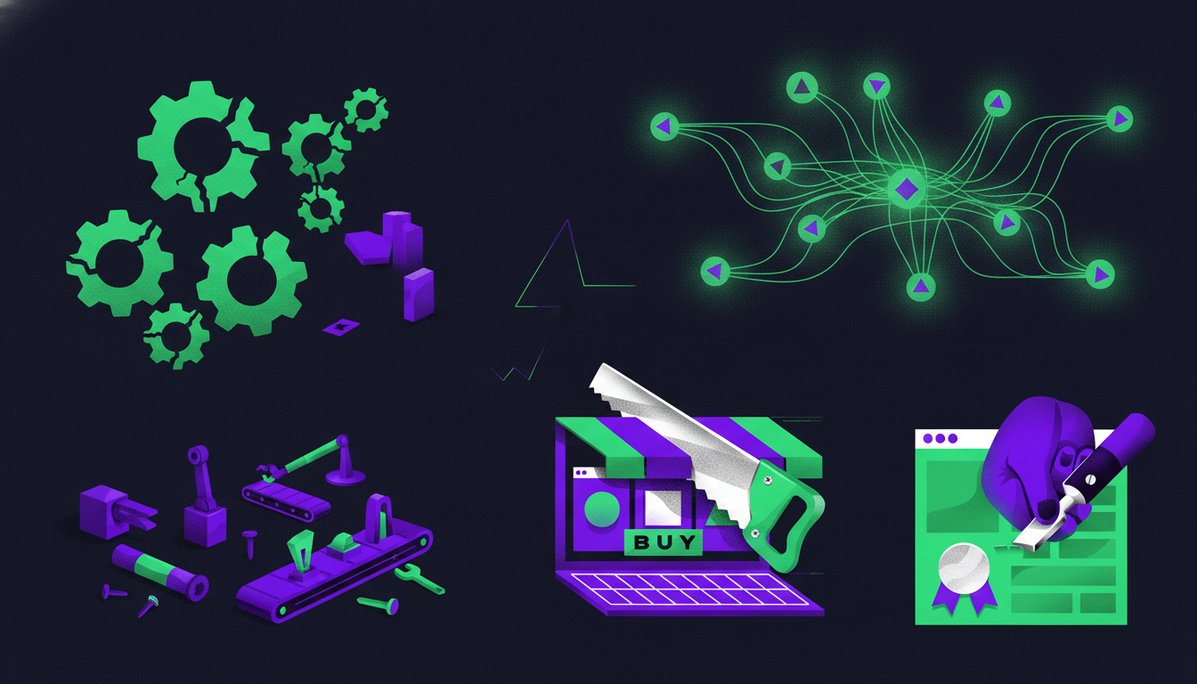 A conceptual illustration contrasting two systems. On the left, 'Traditional Automation': show rigid, fixed gears or a l