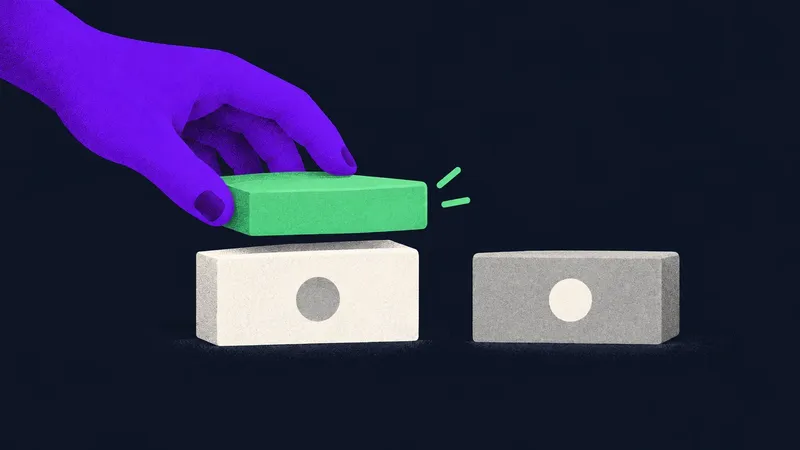 On a dark background, a violet hand places a mint green slab on an off-white block while a separate grey block remains uncovered.